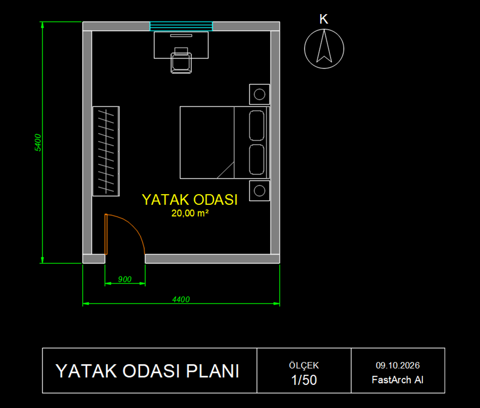 Yatak, komodin, gardırop ve çalışma masasıyla çizilmiş yatak odası planı