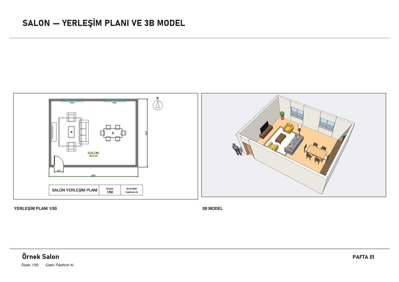Yerleşim planı ve 3B modelden oluşan A3 sunum paftası