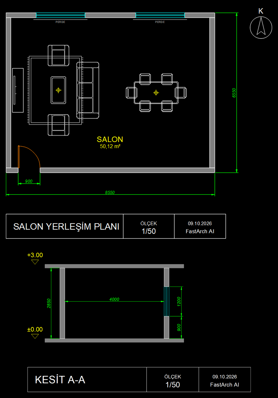 Mobilyalı salon yerleşim planı ve A-A kesitinden oluşan proje seti