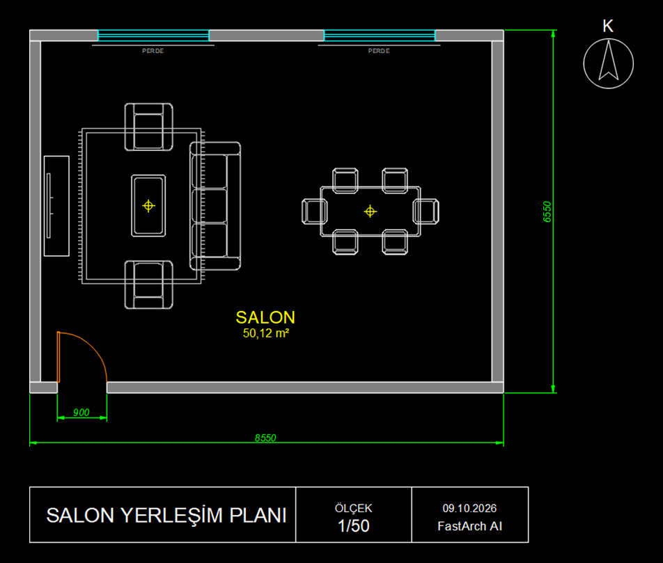 FastArch'ın AutoCAD'de çizdiği mobilyalı salon planı