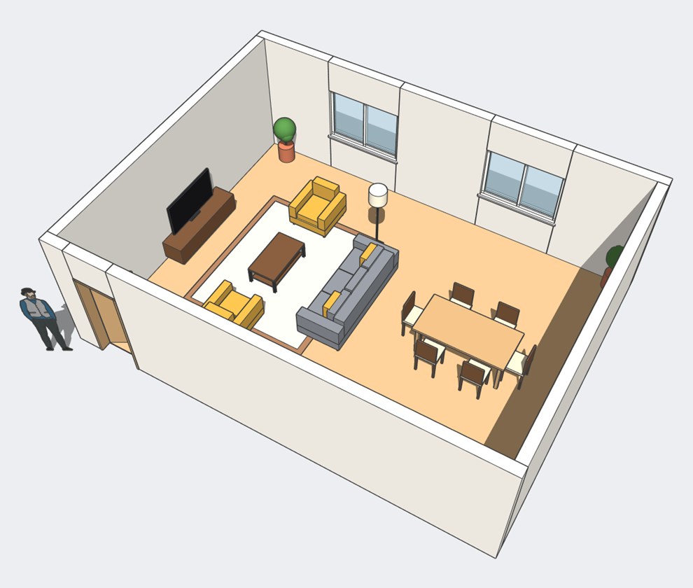 FastArch'ın SketchUp'ta modellediği mobilyalı salon: koltuk takımı, halı, TV ünitesi, yemek takımı